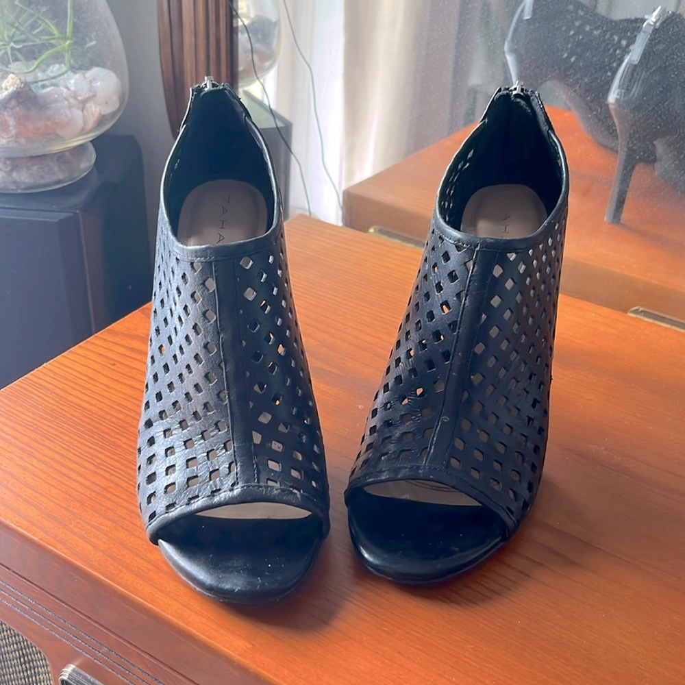 Black leather cage heels